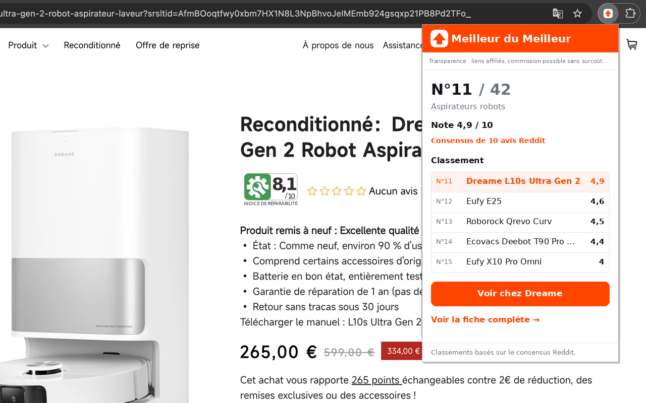 Screenshot de l'extension MeilleurDuMeilleur ouverte sur une page produit